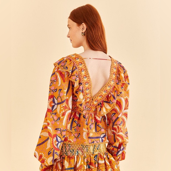 FARM RIO Palms Party Yellow Ruffled Blouse - Picture 7 of 9